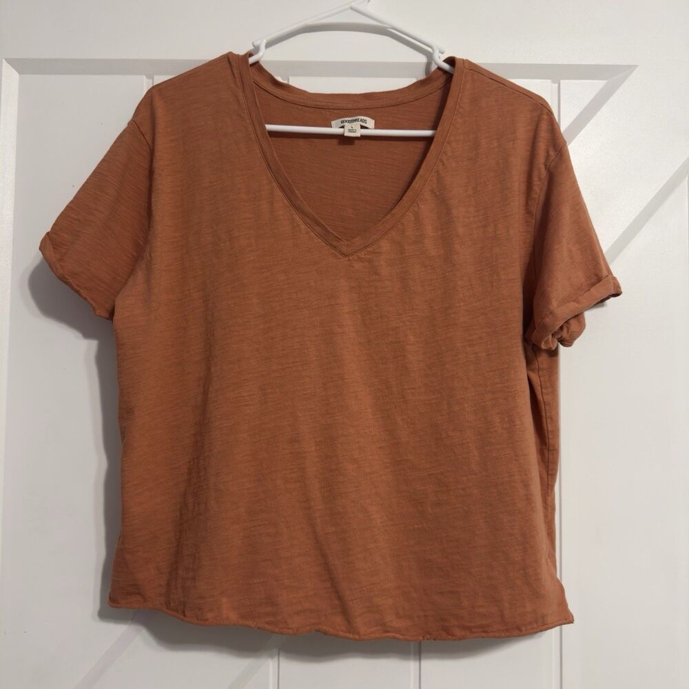 Goodthreads Women’s V-Neck T-Shirt L Rust Orange Slub Cotton Tee 21x23 Casual